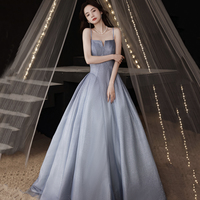 Stylish satin long prom dress A line evening dress - Thumbnail 1