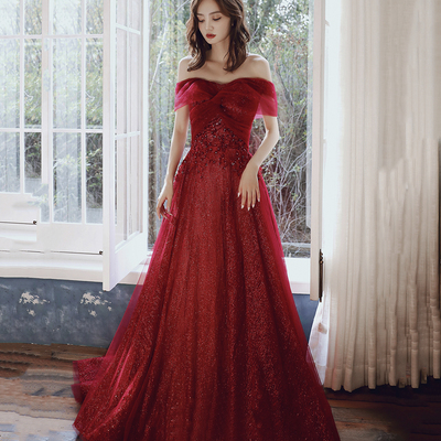 Red tulle sequins long prom dress a line evening dress - Thumbnail 2