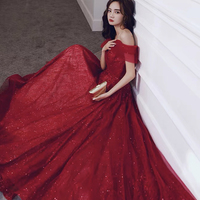 Red tulle sequins long prom dress A line evening dress - Thumbnail 1
