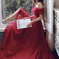 Red tulle sequins long prom dress A line evening dress - Thumbnail 2