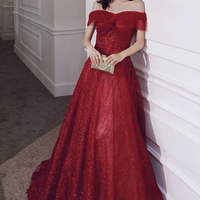 Red tulle sequins long prom dress A line evening dress - Thumbnail 3