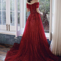 Red tulle sequins long prom dress A line evening dress - Thumbnail 5