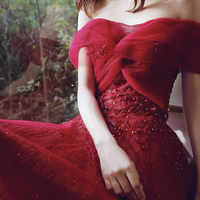 Red tulle sequins long prom dress A line evening dress - Thumbnail 4