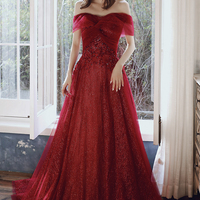 Red tulle sequins long prom dress A line evening dress - Thumbnail 6