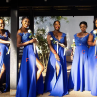 Royal Blue Split Side Long Bridesmaid Dresses with Appliques - Thumbnail 2