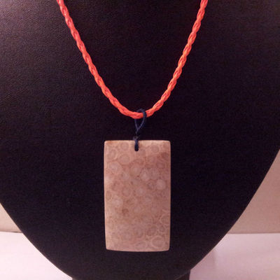 Coral fossil natural gemstone rectangle pendant & artificial leather 16"necklace