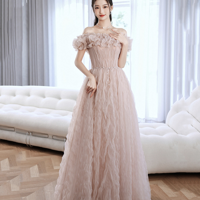 Pink tulle long prom dress pink evening dress - Thumbnail 2
