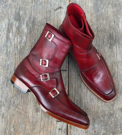 Tripple Buckle Handmade Burgundy Ankle Jodhpurs With Side Zipper Boot,Men's Fashion Boot