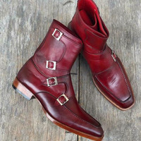 Tripple Buckle Handmade Burgundy Ankle Jodhpurs With Side Zipper Boot,Men's Fashion Boot - Thumbnail 1