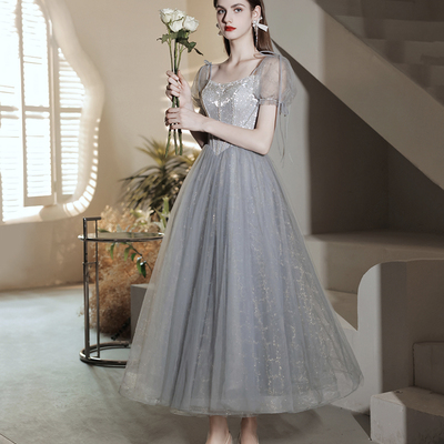 Gray tulle beads short prom dress a line evening dress - Thumbnail 3