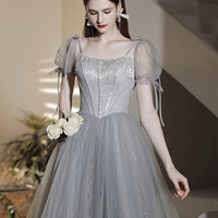 Gray tulle beads short prom dress A line evening dress - Thumbnail 3