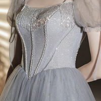 Gray tulle beads short prom dress A line evening dress - Thumbnail 4