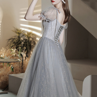 Gray tulle beads short prom dress A line evening dress - Thumbnail 5