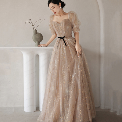 Cute tulle long prom dress a line evening dress - Thumbnail 1