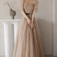 Cute tulle long prom dress A line evening dress - Thumbnail 1