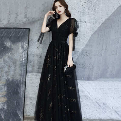 Black v neck tulle long prom dress a line evening dress