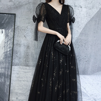 Black v neck tulle long prom dress A line evening dress - Thumbnail 1