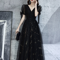 Black v neck tulle long prom dress A line evening dress - Thumbnail 2