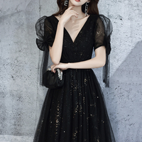 Black v neck tulle long prom dress A line evening dress - Thumbnail 3
