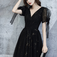 Black v neck tulle long prom dress A line evening dress - Thumbnail 4
