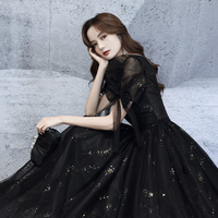 Black v neck tulle long prom dress A line evening dress - Thumbnail 5