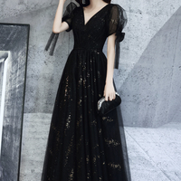 Black v neck tulle long prom dress A line evening dress - Thumbnail 7