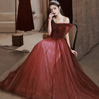 Burgundy tulle long prom dress a line evening dress - Thumbnail 1