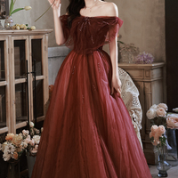 Burgundy tulle long prom dress A line evening dress - Thumbnail 1