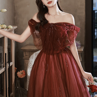 Burgundy tulle long prom dress A line evening dress - Thumbnail 3