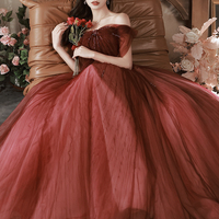 Burgundy tulle long prom dress A line evening dress - Thumbnail 6