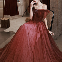 Burgundy tulle long prom dress A line evening dress - Thumbnail 7