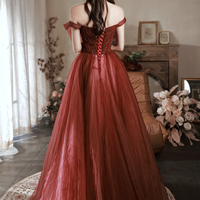 Burgundy tulle long prom dress A line evening dress - Thumbnail 5