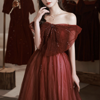 Burgundy tulle long prom dress A line evening dress - Thumbnail 4