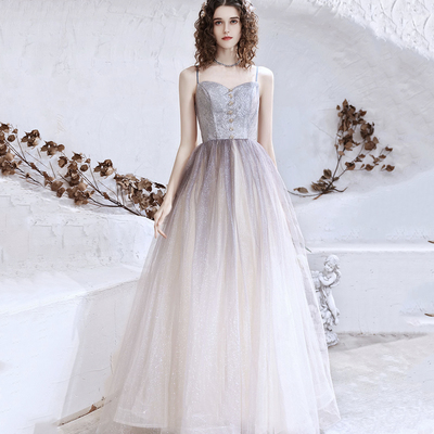 Cute tulle sequins long prom dress a line evening dress - Thumbnail 2