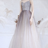 Cute tulle sequins long prom dress A line evening dress - Thumbnail 1