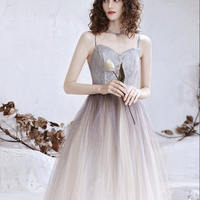 Cute tulle sequins long prom dress A line evening dress - Thumbnail 2