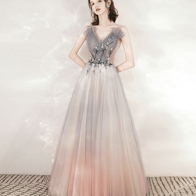 Cute v neck tulle beads long prom dress evening dress - Thumbnail 2