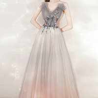 Cute v neck tulle beads long prom dress evening dress - Thumbnail 4