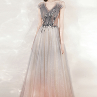 Cute v neck tulle beads long prom dress evening dress - Thumbnail 1