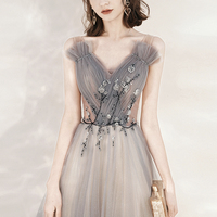 Cute v neck tulle beads long prom dress evening dress - Thumbnail 2