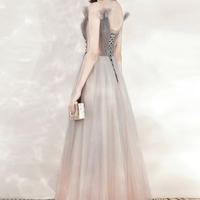 Cute v neck tulle beads long prom dress evening dress - Thumbnail 6