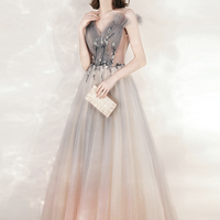 Cute v neck tulle beads long prom dress evening dress - Thumbnail 5