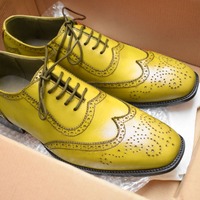Top Rated Fashion Men's Hand Stitch Yellow Oxfords Wingtip Brogue Genuine Leather Shoes, Formal Wear Lace Up Shoes - Thumbnail 1