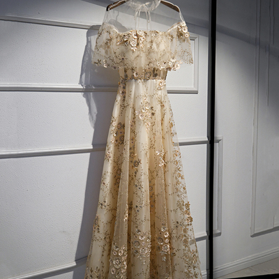 Cute tulle lace long prom dress a line evening gown - Thumbnail 1