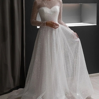 Sparkly A-Line Round Neck Long Sleeves White Sequins Wedding Dresses Bridal Gowns，1366 - Thumbnail 1