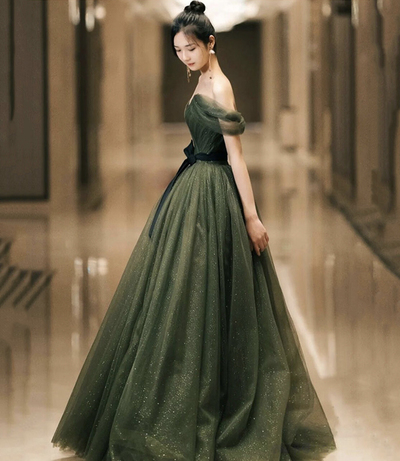 Green tulle long A line prom dress evening dress,1381