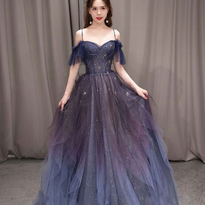 Purple tulle long prom dress a line evening gown,1383
