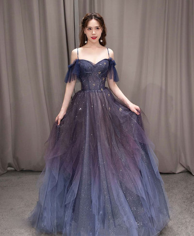 Purple tulle long prom dress A line evening gown,1383