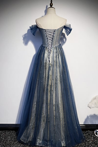 High quality A line tulle long prom dress blue evening dress,1384