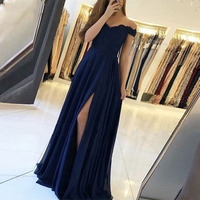 A line off the shoulder v-neck chiffon long lace applique prom dress with slit,843 - Thumbnail 2
